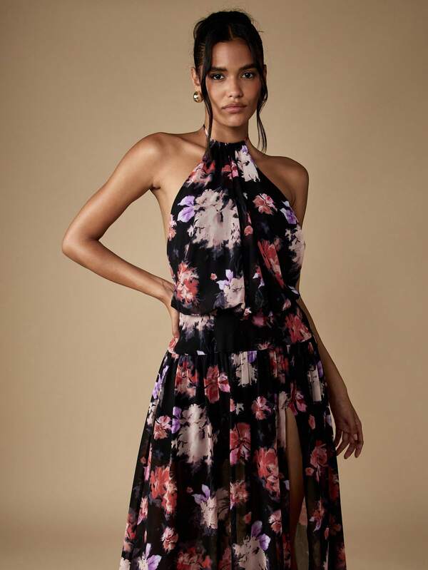 Missguided MISSGUIDED Floral Halter Neck Maxi Dress With Side Slit