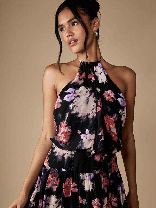Missguided MISSGUIDED Floral Halter Neck Maxi Dress With Side Slit