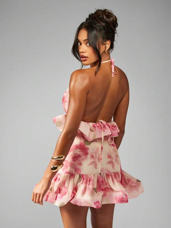 Missguided MISSGUIDED Floral Halter Neck Ruffle Crop Top And Mini Skirt Two Piece Set