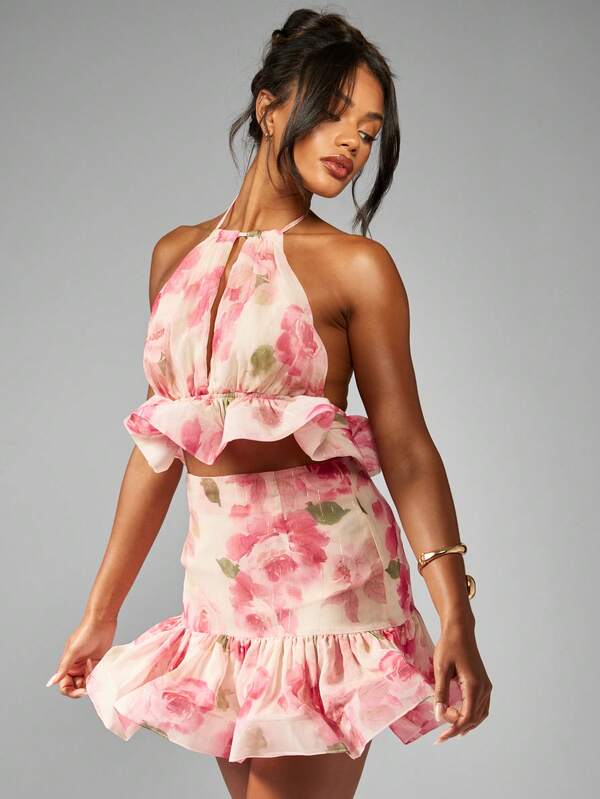 Missguided MISSGUIDED Floral Halter Neck Ruffle Crop Top And Mini Skirt Two Piece Set