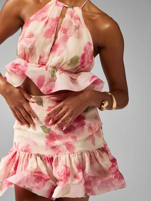 missguided MISSGUIDED Floral Halter Neck Ruffle Crop Top And Mini Skirt Two Piece Set