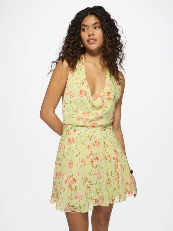 missguided MISSGUIDED Floral Halter Wrap Chiffon Mini Dress