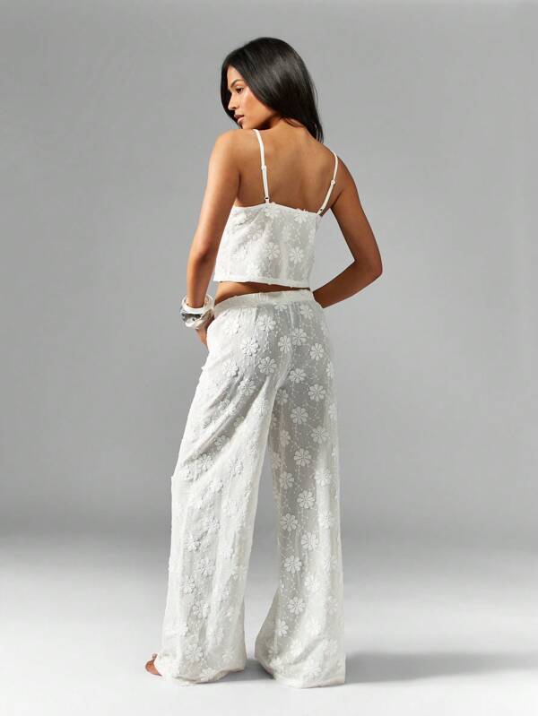 Missguided MISSGUIDED Floral Lace Cami And Wide Leg Pants Two-Piece Outfit