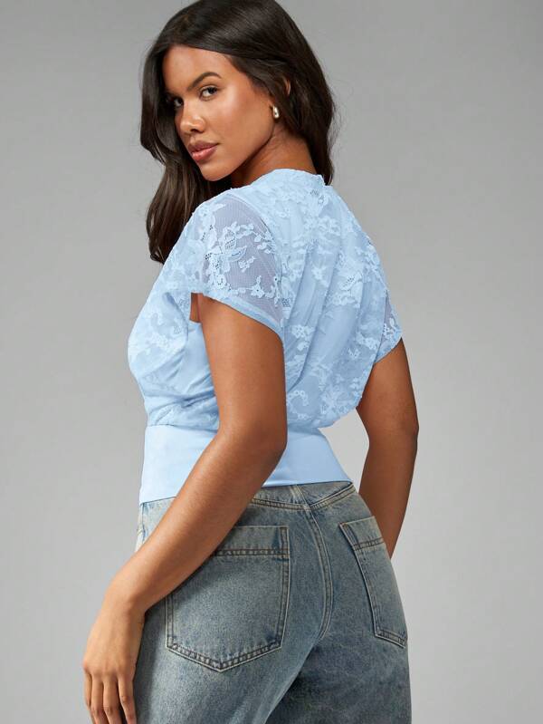 Missguided MISSGUIDED Floral Lace Cap Sleeve Cinched Waist Form Fitting Women T-Shirts