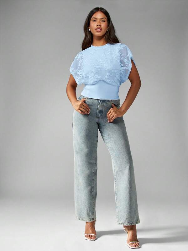 Missguided MISSGUIDED Floral Lace Cap Sleeve Cinched Waist Form Fitting Women T-Shirts