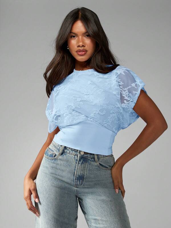 missguided MISSGUIDED Floral Lace Cap Sleeve Cinched Waist Form Fitting Women T-Shirts
