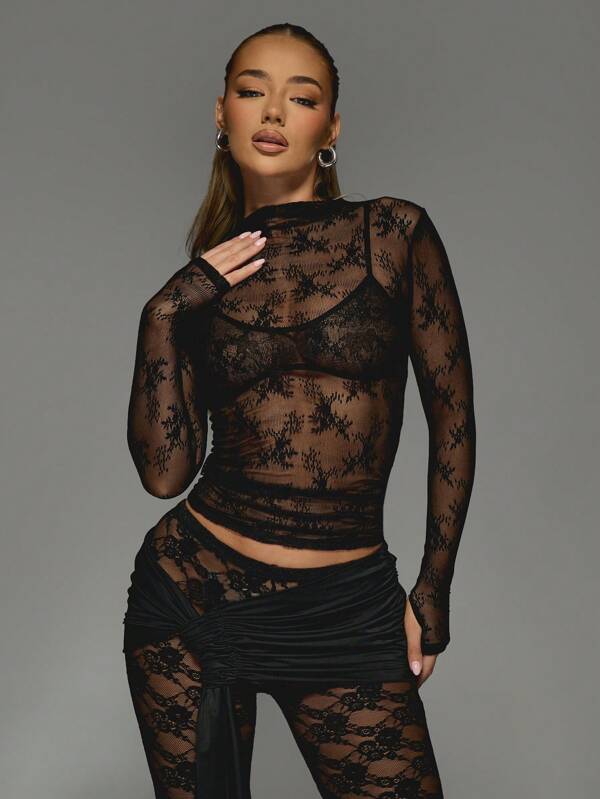 missguided MISSGUIDED Floral Lace Long Sleeve Mesh Top With High Neck