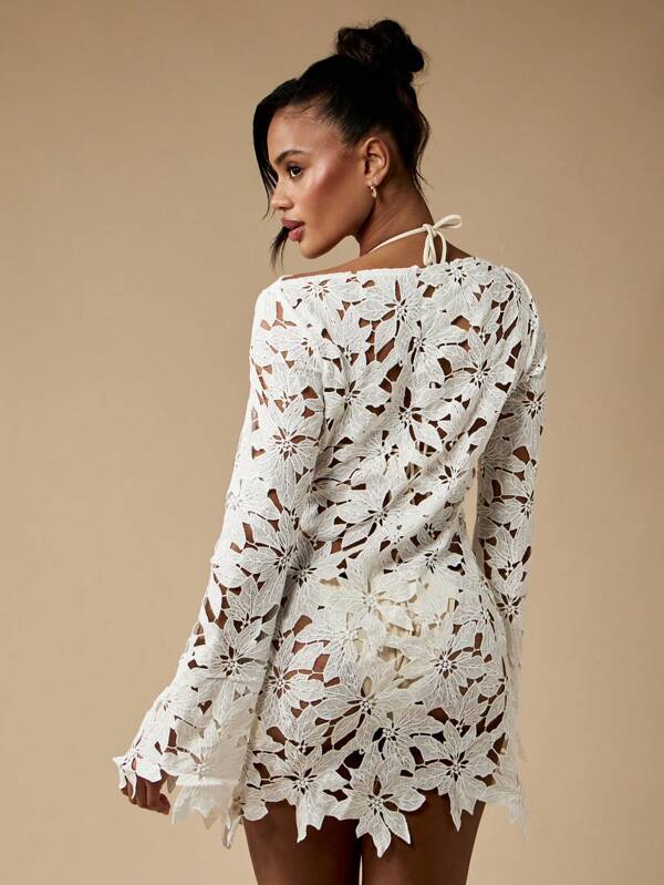Missguided MISSGUIDED Floral Lace Long Sleeve Mini Dress With Cutout Design