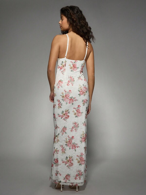 Missguided MISSGUIDED Floral Lace Trim Bodycon Maxi Dress With V-Neck And Spaghetti Straps
