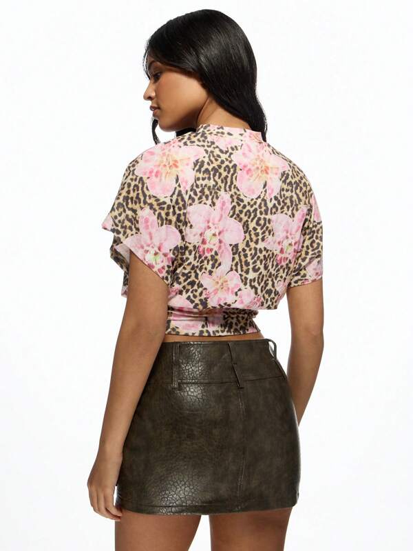 Missguided MISSGUIDED Floral Leopard Print Cinched Crop Top Short Sleeve