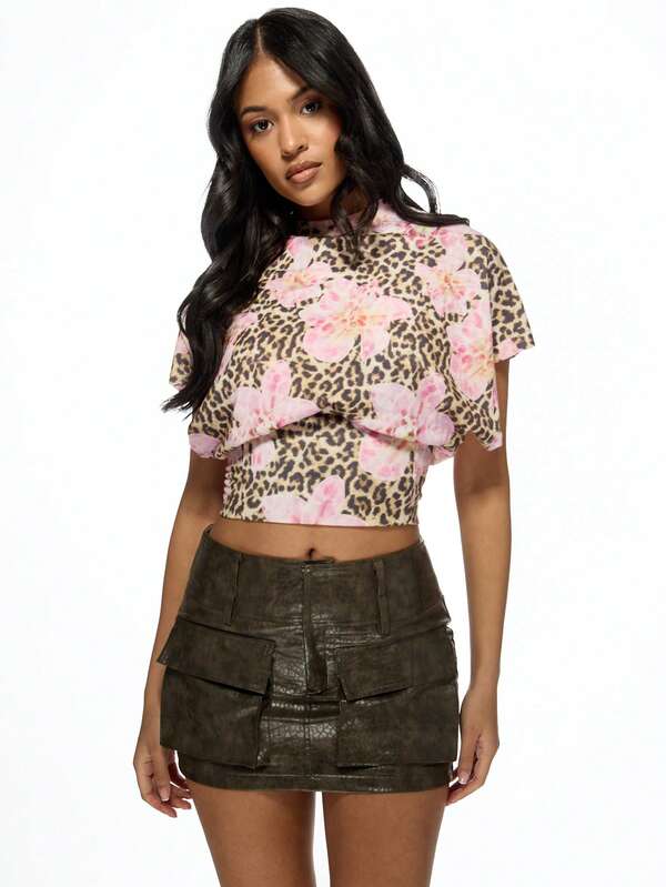 Missguided MISSGUIDED Floral Leopard Print Cinched Crop Top Short Sleeve