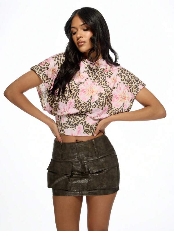 missguided MISSGUIDED Floral Leopard Print Cinched Crop Top Short Sleeve
