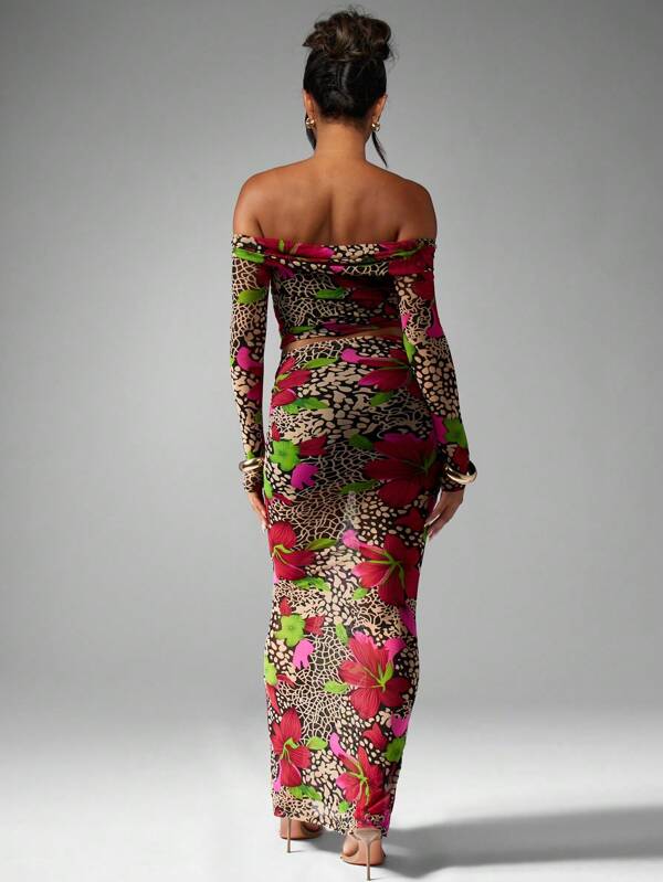 Missguided MISSGUIDED Floral Leopard Print Mesh Long Sleeve Bardot Top Matching Skirt Two Piece