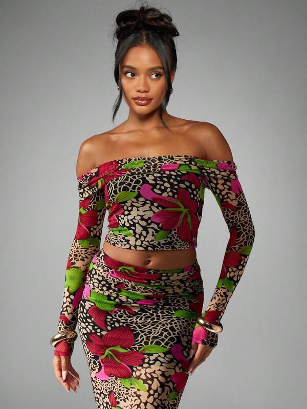 Missguided MISSGUIDED Floral Leopard Print Mesh Long Sleeve Bardot Top Matching Skirt Two Piece