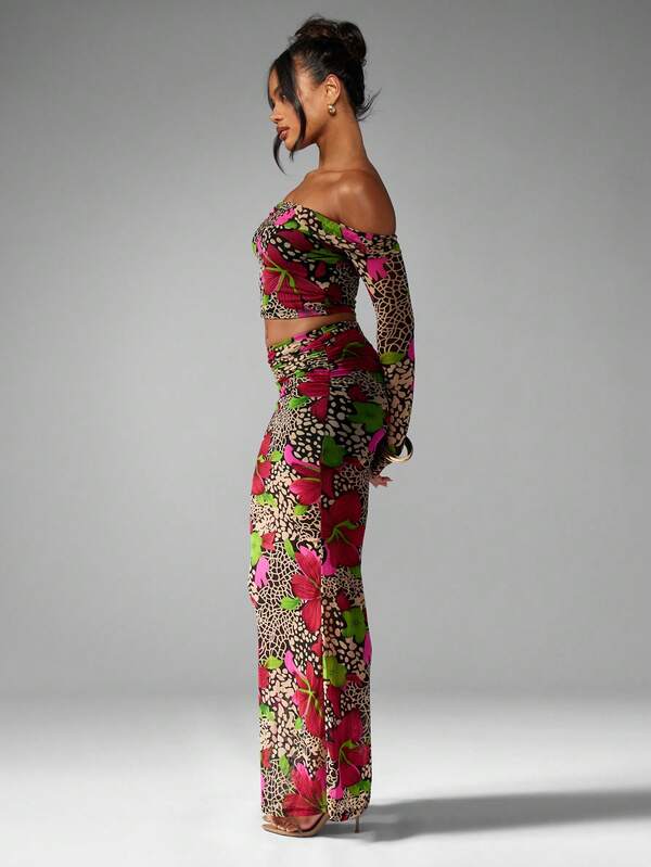 Missguided MISSGUIDED Floral Leopard Print Mesh Long Sleeve Bardot Top Matching Skirt Two Piece