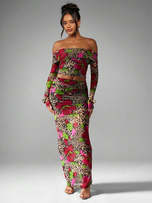 missguided MISSGUIDED Floral Leopard Print Mesh Long Sleeve Bardot Top Matching Skirt Two Piece