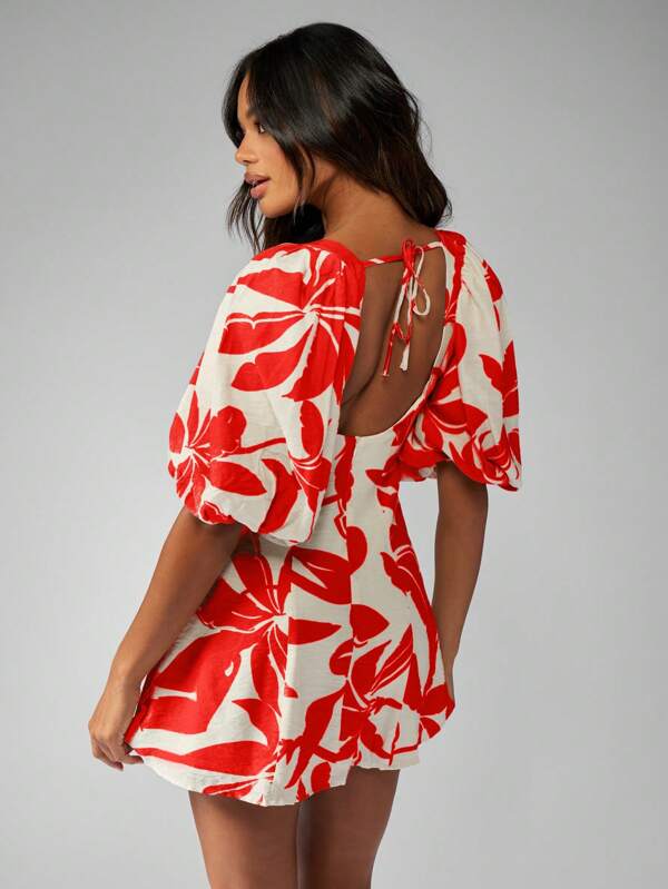 Missguided MISSGUIDED Floral Linen Feel Square Neck Puff Sleeve Aline Mini Dress