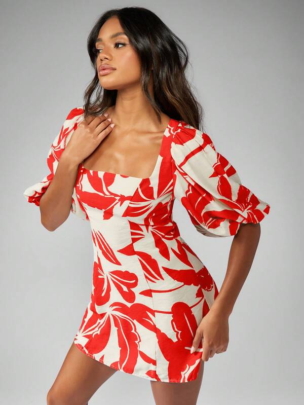 Missguided MISSGUIDED Floral Linen Feel Square Neck Puff Sleeve Aline Mini Dress