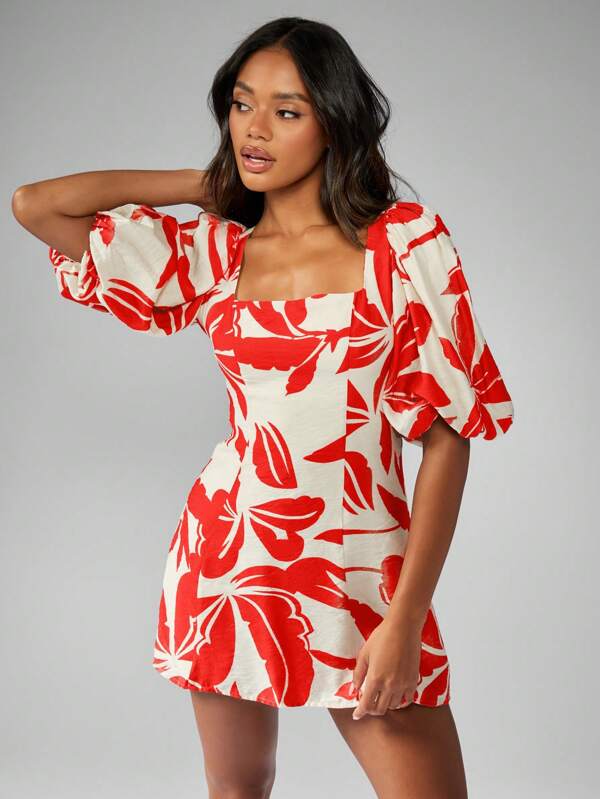 missguided MISSGUIDED Floral Linen Feel Square Neck Puff Sleeve Aline Mini Dress