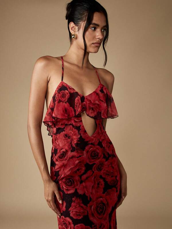 Missguided MISSGUIDED Floral Maxi Dress With Ruffle Bust And Cut Out Detail