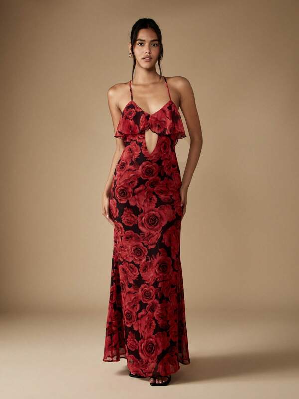 missguided MISSGUIDED Floral Maxi Dress With Ruffle Bust And Cut Out Detail
