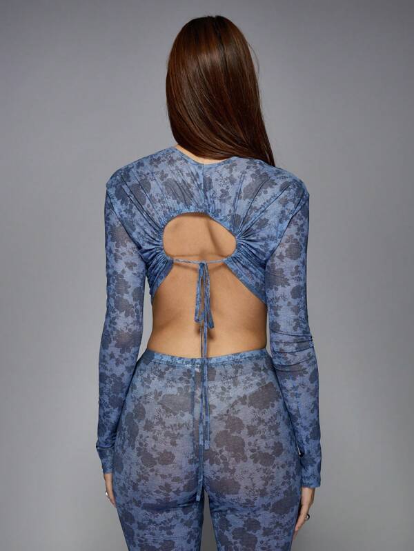 Missguided MISSGUIDED Floral Mesh Printed Long Sleeves Top
