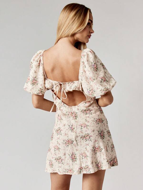 Missguided MISSGUIDED Floral Mini Dress With Puff Sleeves And Tie Back