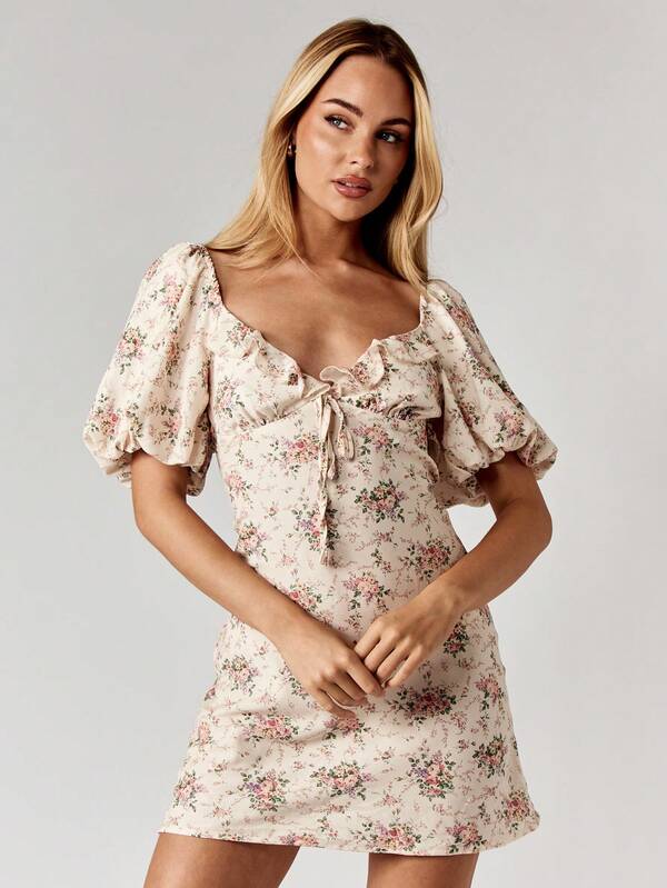 Missguided MISSGUIDED Floral Mini Dress With Puff Sleeves And Tie Back