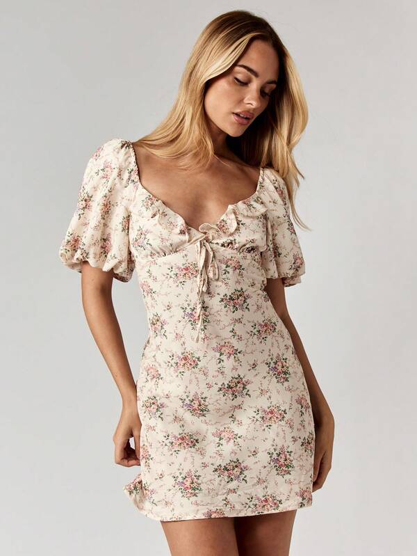 Missguided MISSGUIDED Floral Mini Dress With Puff Sleeves And Tie Back