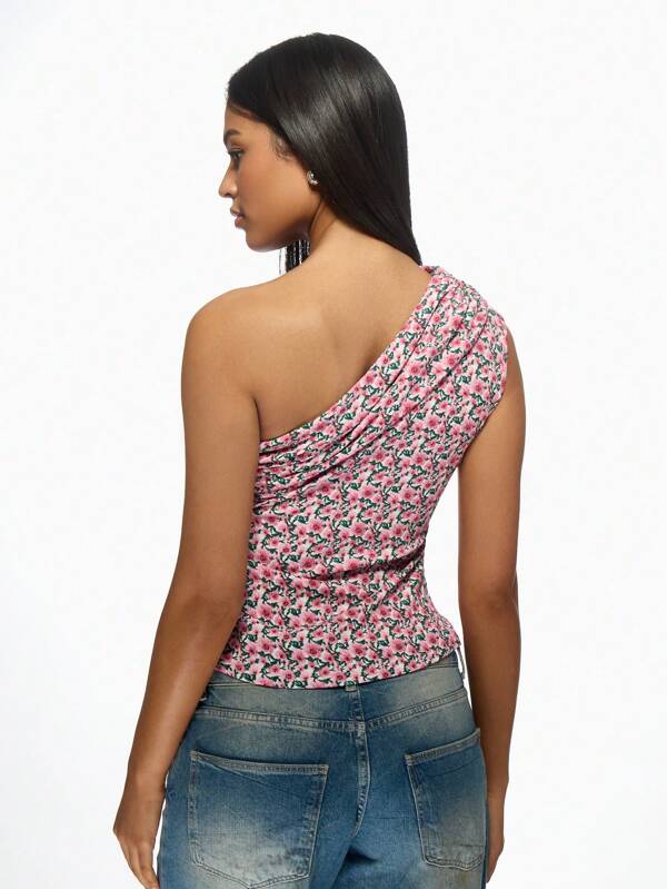 Missguided MISSGUIDED Floral One Shoulder Pink Crop Top Blouse Women Top