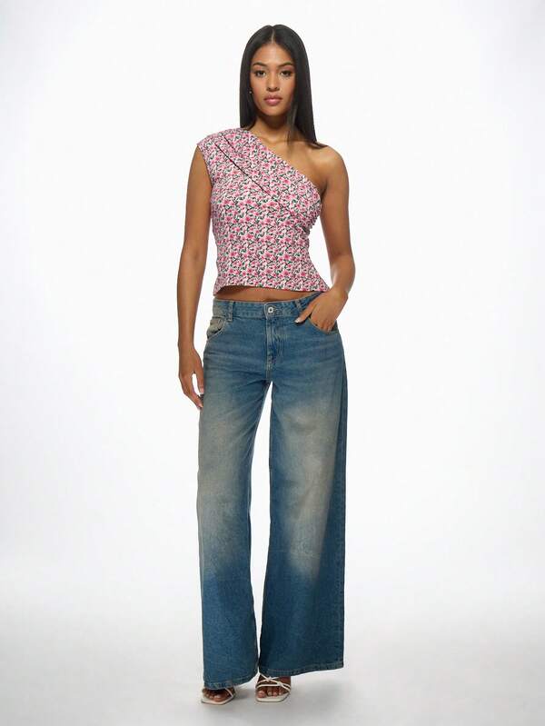 Missguided MISSGUIDED Floral One Shoulder Pink Crop Top Blouse Women Top