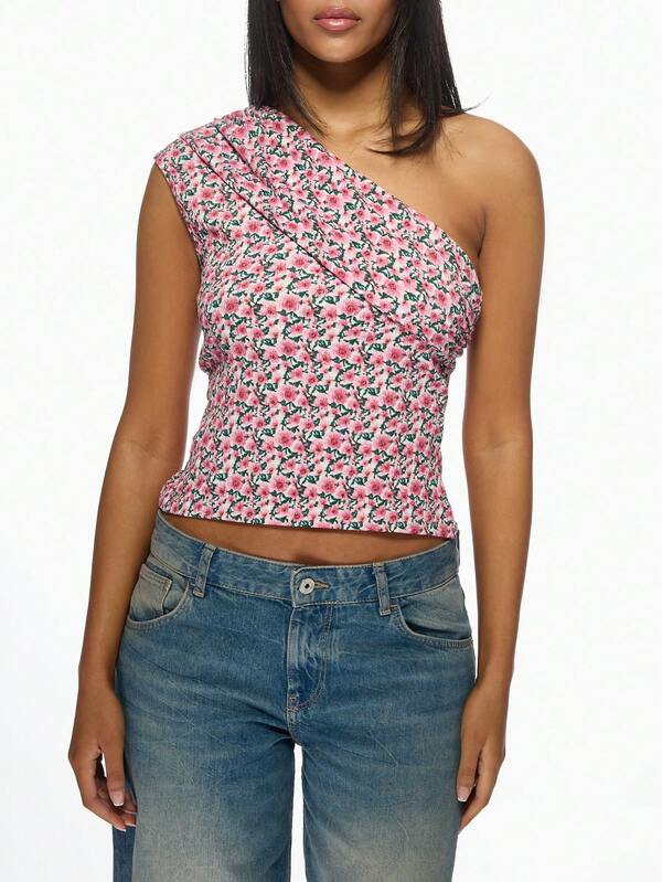 Missguided MISSGUIDED Floral One Shoulder Pink Crop Top Blouse Women Top