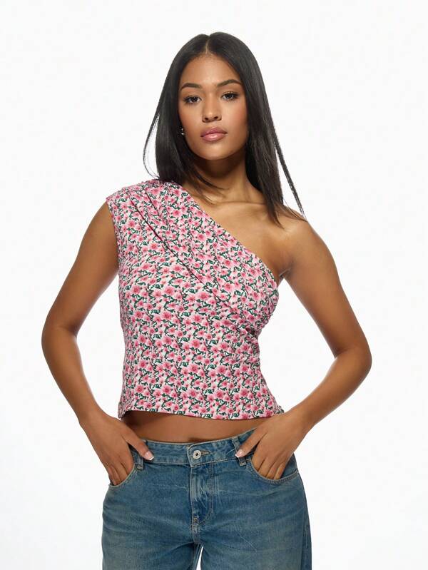 missguided MISSGUIDED Floral One Shoulder Pink Crop Top Blouse Women Top
