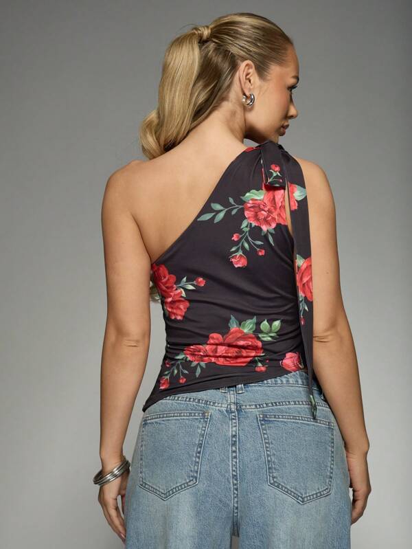 Missguided MISSGUIDED Floral Print Asymmetric Tie Neck One Shoulder Top
