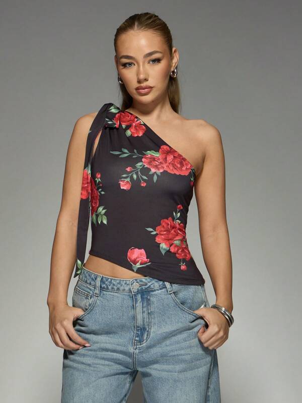 missguided MISSGUIDED Floral Print Asymmetric Tie Neck One Shoulder Top