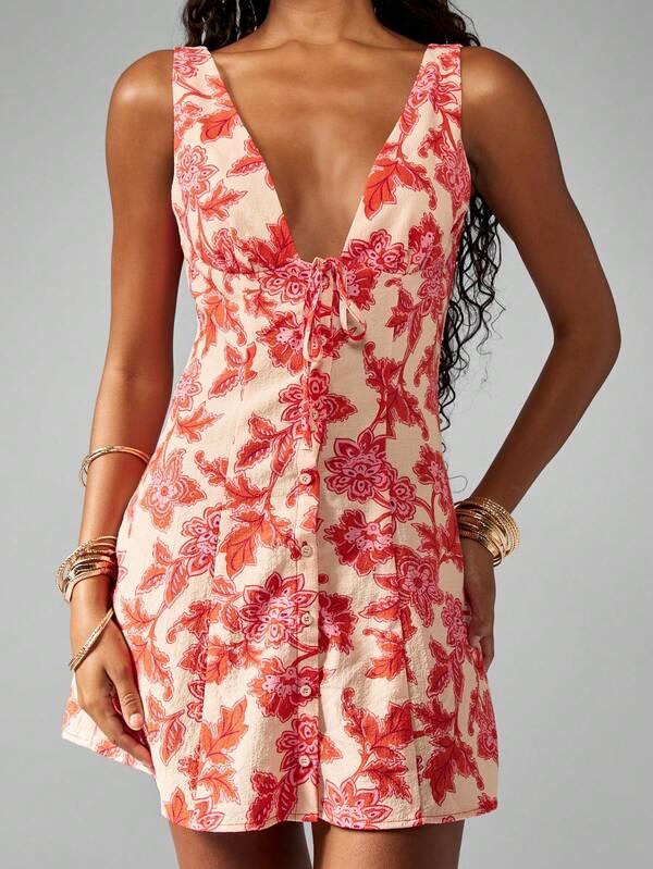 Missguided MISSGUIDED Floral Print Button Down V-Neck Sleeveless Mini Dress