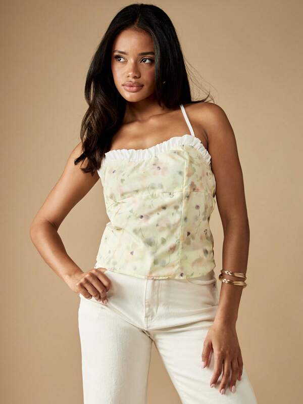missguided MISSGUIDED Floral Print Cami Top With Ruffle Trim And Square Neck
