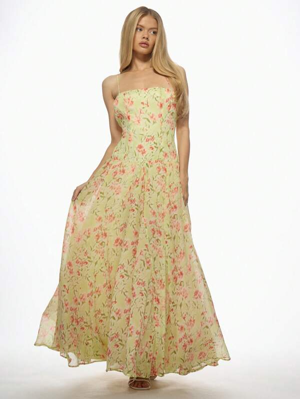 missguided MISSGUIDED Floral Print Chiffon A-Line Spaghetti Strap Sweetheart Neckline Maxi Dress