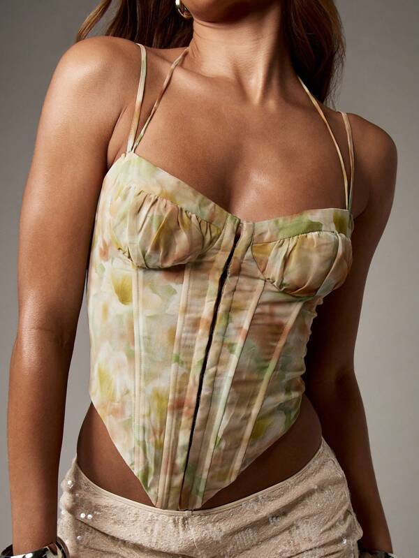 missguided MISSGUIDED Floral Print Chiffon Corset Bustier Women's Top Lace Up Back