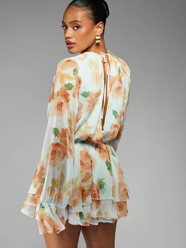 Missguided MISSGUIDED Floral Print Chiffon Mini Dress With Tiered Ruffles