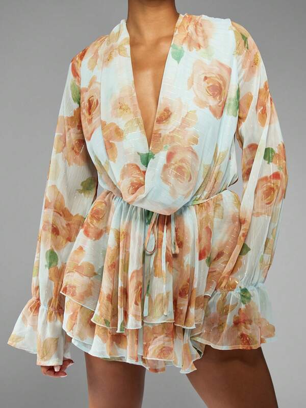 Missguided MISSGUIDED Floral Print Chiffon Mini Dress With Tiered Ruffles