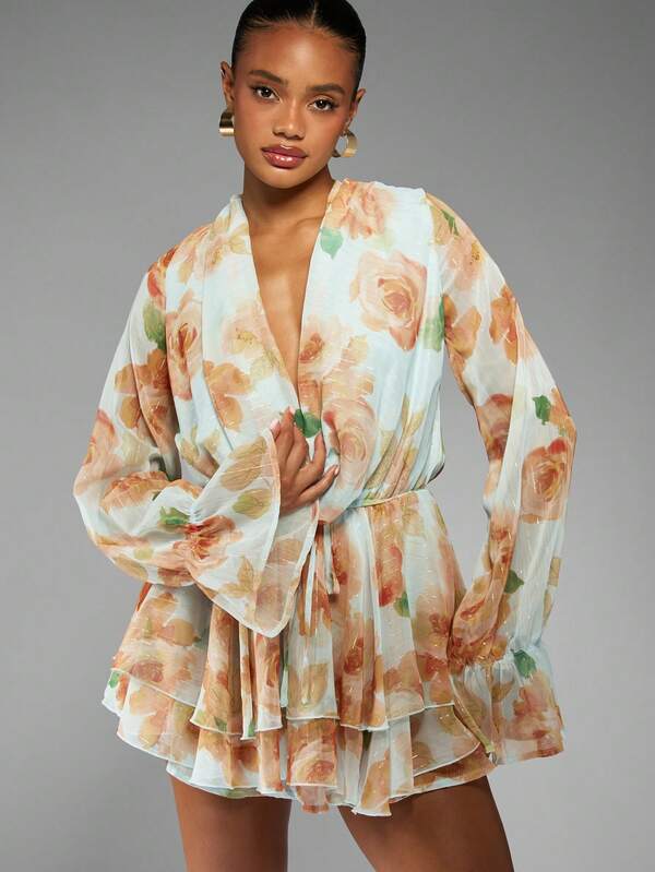 missguided MISSGUIDED Floral Print Chiffon Mini Dress With Tiered Ruffles