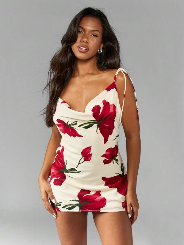 Missguided MISSGUIDED Floral Print Cowl Drape Mini Dress With Tie Shoulder Cute Sundress