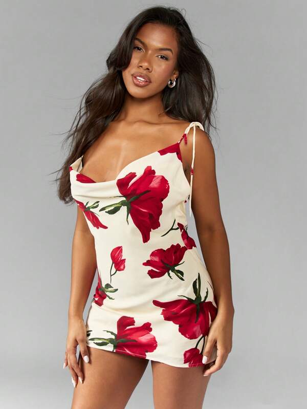 missguided MISSGUIDED Floral Print Cowl Drape Mini Dress With Tie Shoulder Cute Sundress