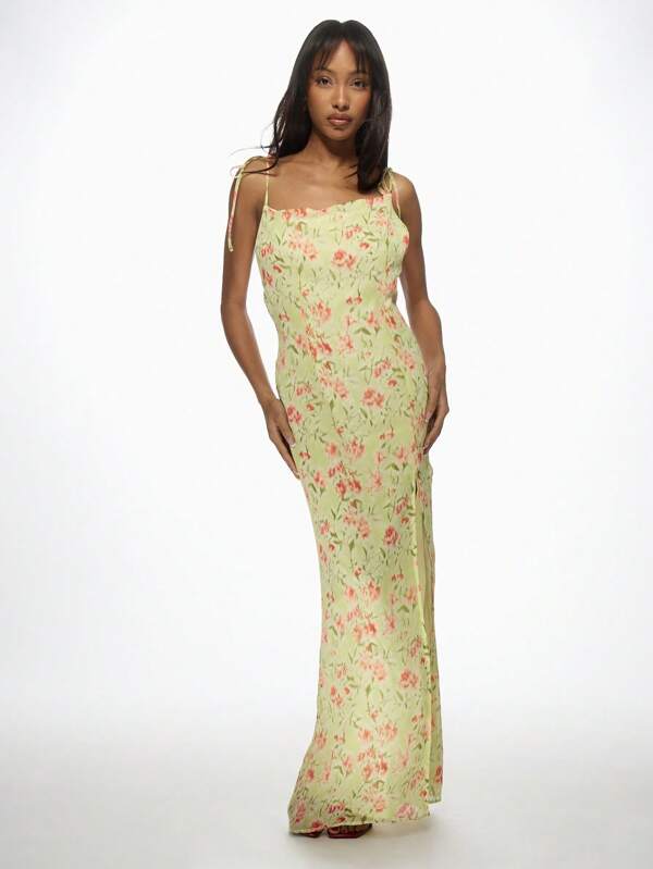 Missguided MISSGUIDED Floral Print Cowl Neck Side Slit Maxi Slip Dress