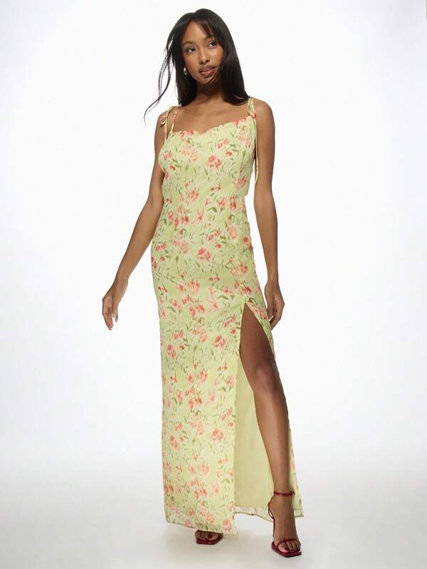 missguided MISSGUIDED Floral Print Cowl Neck Side Slit Maxi Slip Dress