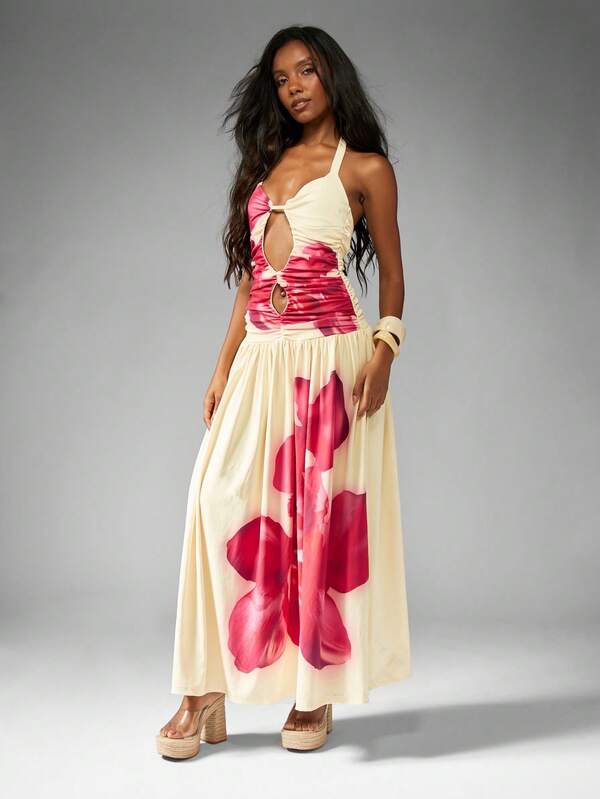 Missguided MISSGUIDED Floral Print Cut Out Halter Maxi Dress With Empire Waist