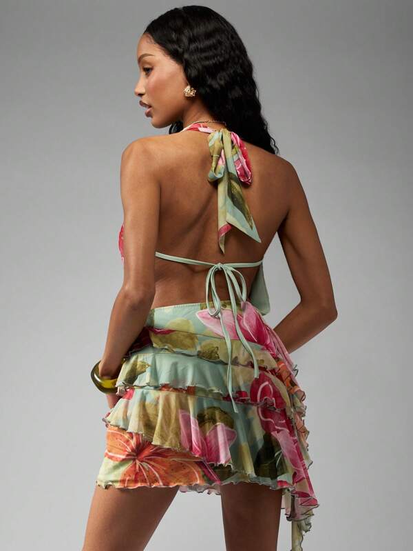 Missguided MISSGUIDED Floral Print Draped Halter Ruffled Tiered Mini Dress