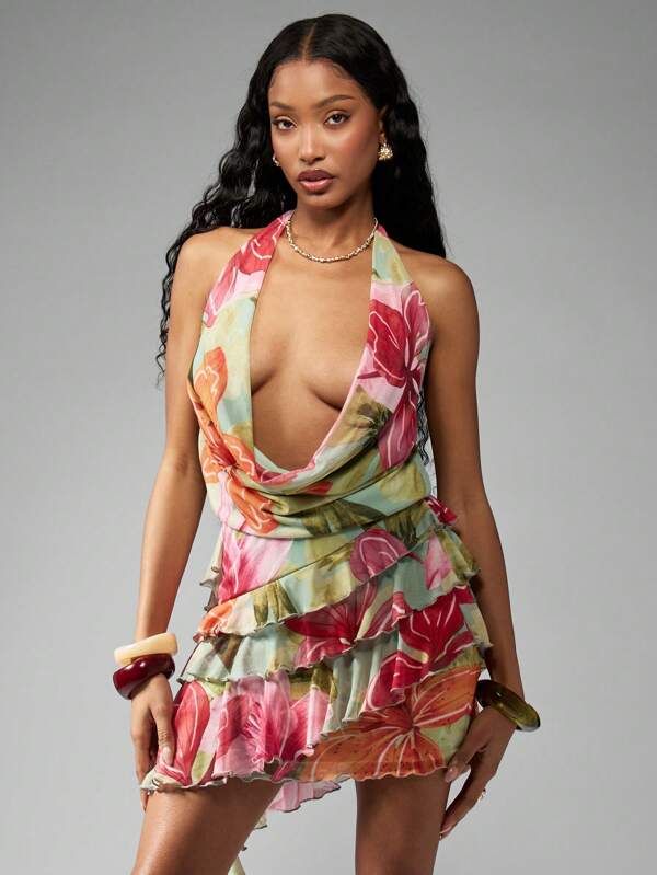 missguided MISSGUIDED Floral Print Draped Halter Ruffled Tiered Mini Dress