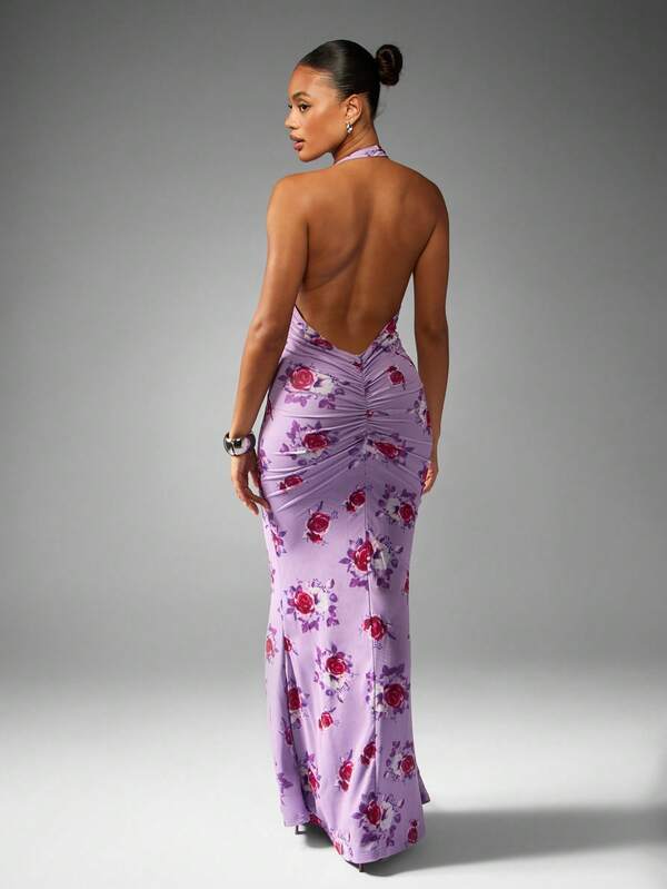 Missguided MISSGUIDED Floral Print Halter Neck Maxi Dress With Ruffle Detail
